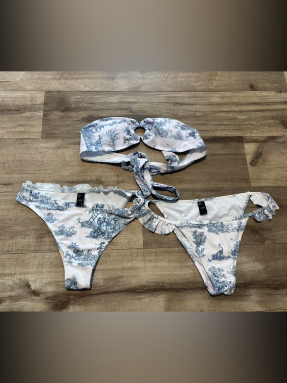 Cider Blue Toile Bandeau Bikini with Ring Accent
